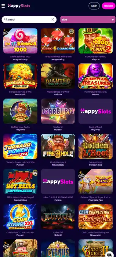 Happy Slots Casino mobile slot screenshot displaying featured slots, categories and touch-optimized navigation - tested