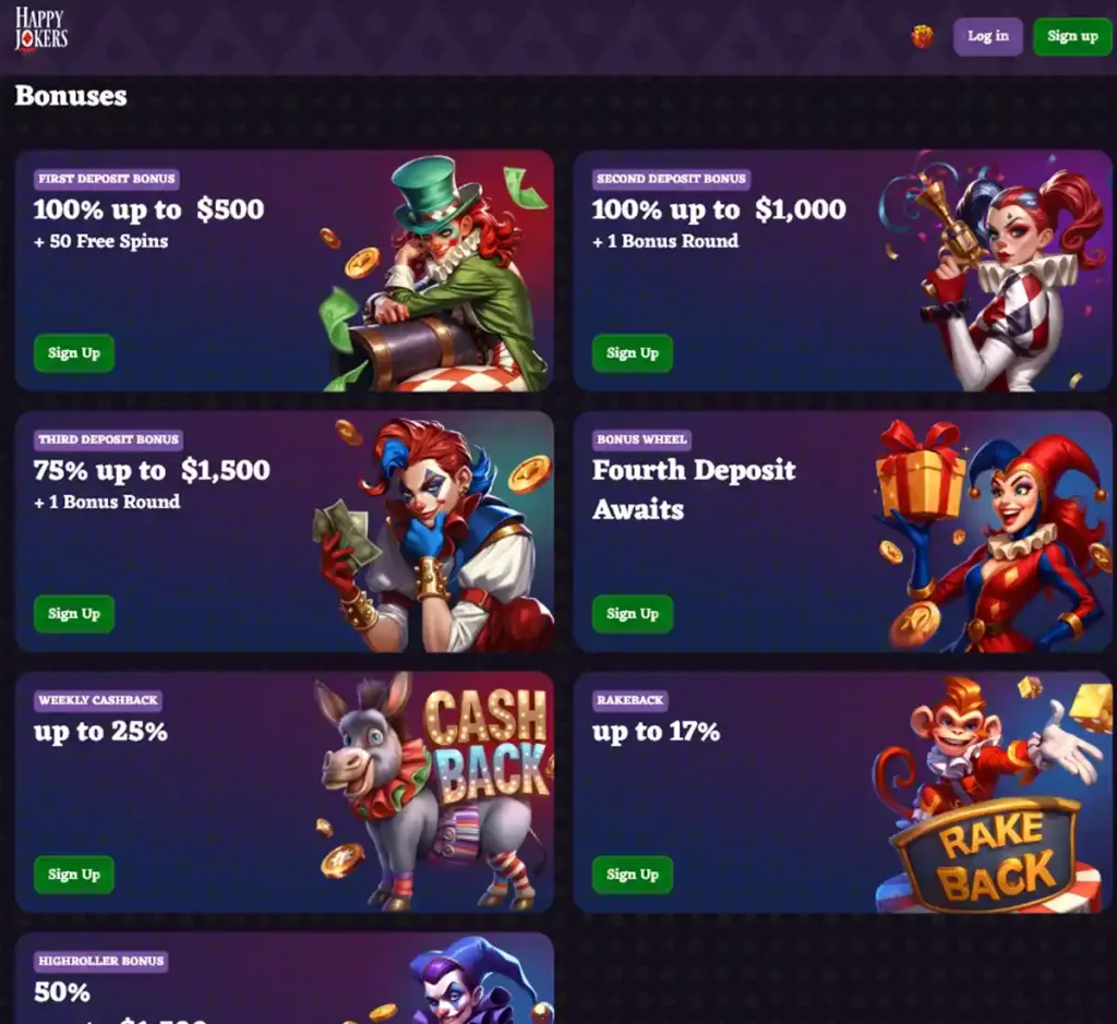 HappyJokers Casino desktop bonuses screenshot showing promotional banners, bonus offers and bonus details in the casino lobby - tested