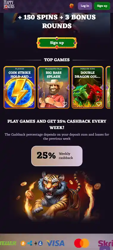 HappyJokers Casino mobile homepage screenshot showing featured games, navigation menu and promotional banner on the mobile interface - tested