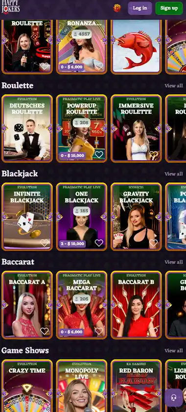 HappyJokers Casino mobile live casino screenshot displaying live dealer tables including roulette, blackjack and baccarat with mobile lobby navigation and betting interface - tested