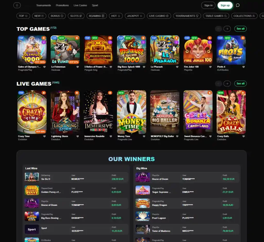 Hexabet Casino desktop homepage screenshot showing main navigation, featured games and promotional banners - tested