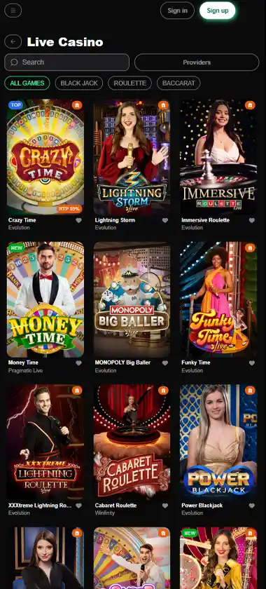 Hexabet Casino mobile live dealer games collection screenshot displaying available live tables and categories with mobile-friendly interface/navigation - tested