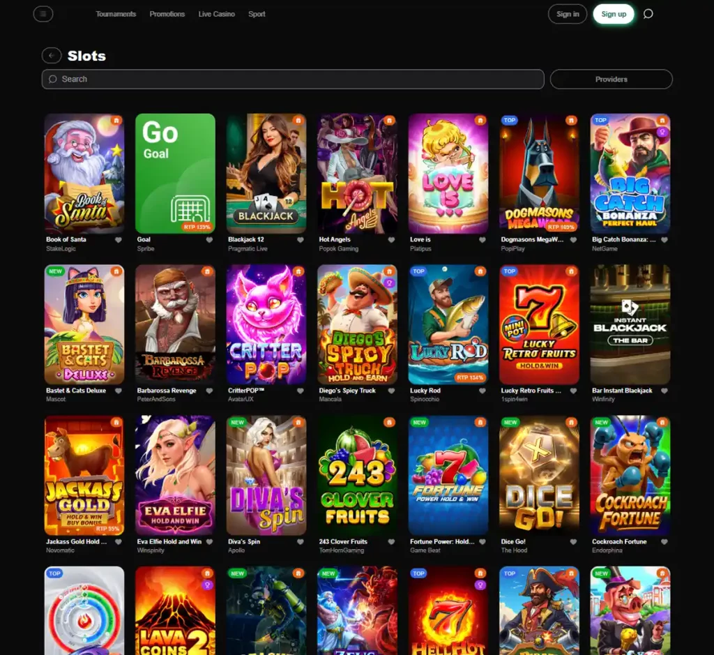 Hexabet Casino desktop slot screenshot showing multiple slot categories, featured games and provider filters - tested