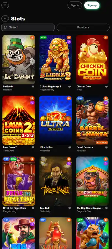 Hexabet Casino mobile slot screenshot displaying featured slots, categories and touch-optimized navigation - tested