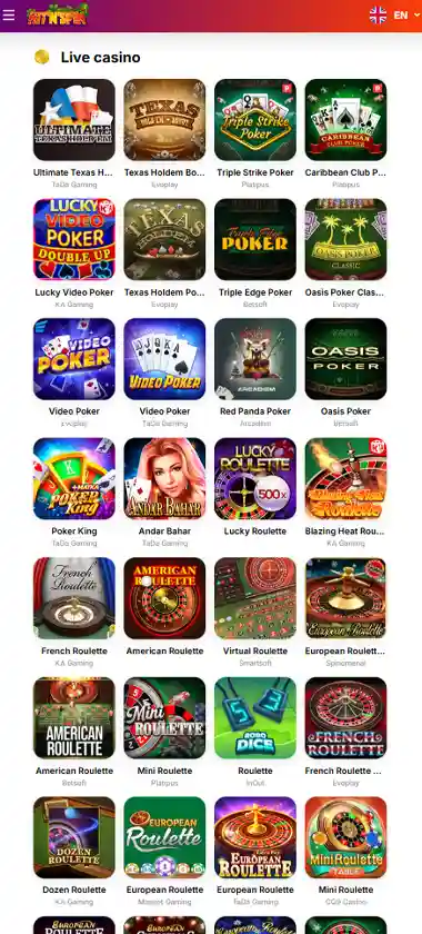 HitnSpin Casino mobile live dealer games collection screenshot displaying available live tables and categories with mobile-friendly interface/navigation - tested