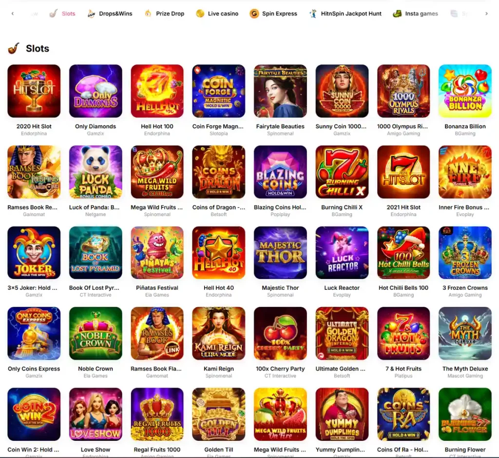 HitnSpin Casino desktop slot screenshot showing multiple slot categories, featured games and provider filters - tested HitnSpin Casino desktop slot screenshot showing multiple slot categories, featured games and provider filters - tested