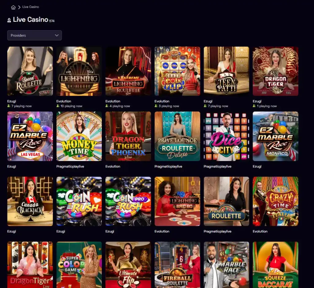 Immerion Casino desktop live dealer games collection screenshot showing roulette, blackjack and baccarat tables in lobby view with categories and provider filters - tested