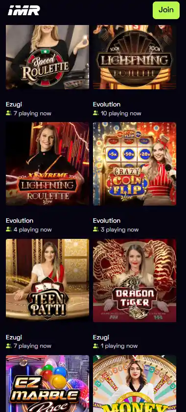 Immerion Casino mobile live dealer games collection screenshot displaying available live tables and categories with mobile-friendly interface/navigation - tested