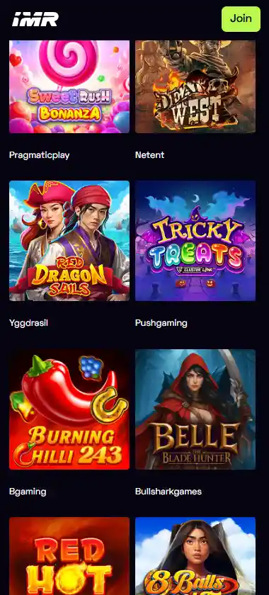 Immerion Casino mobile slot screenshot displaying featured slots, categories and touch-optimized navigation - tested