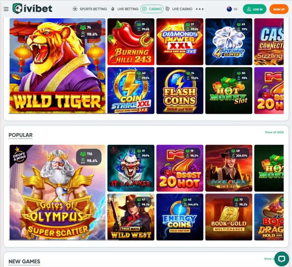 Ivibet Casino desktop home page screenshot showing main navigation, featured games and promotional banners – tested