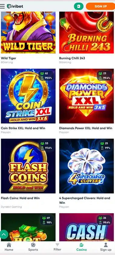 Ivibet Casino mobile home page screenshot showing main navigation, featured games and promotional banners – tested