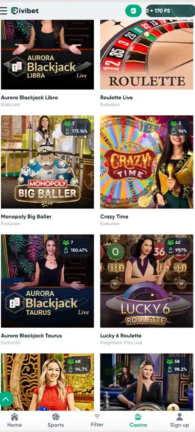 Ivibet Casino mobile live casino games collection screenshot displaying available live tables and categories with touch-optimized interface – tested