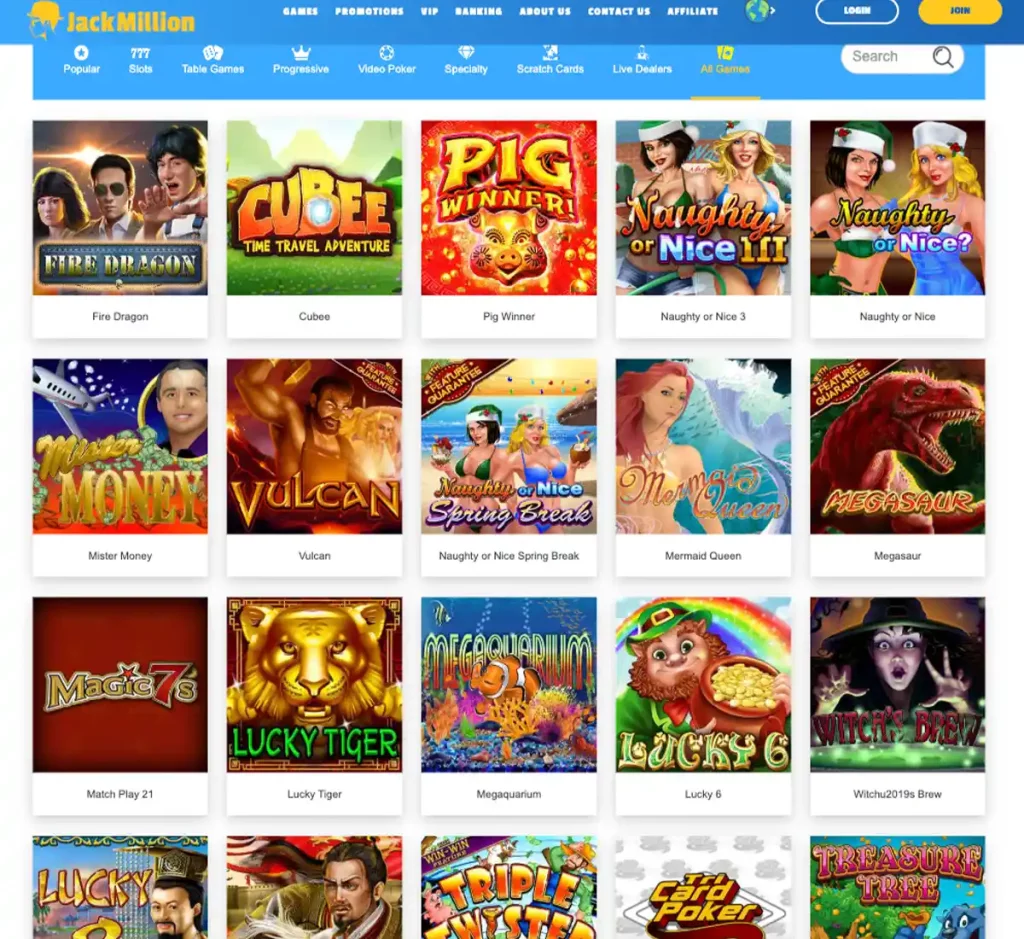 Jackmillion Casino desktop all games screenshot showing complete games library, filters, provider logos and featured titles in the casino lobby - tested