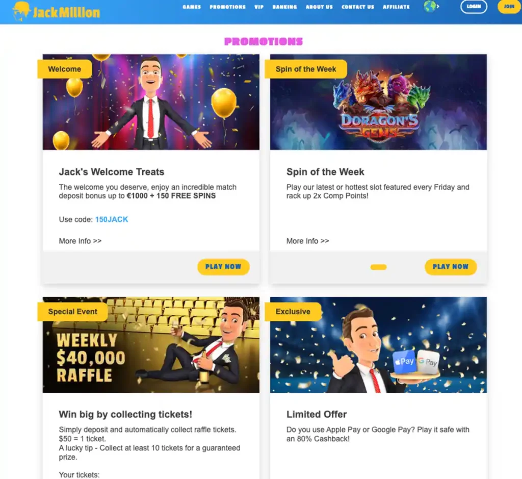 Jackmillion Casino desktop promotions screenshot showing promotional banners, bonus offers and promo details in the casino lobby - tested Jackmillion Casino desktop promotions screenshot showing promotional banners, bonus offers and promo details in the casino lobby - tested