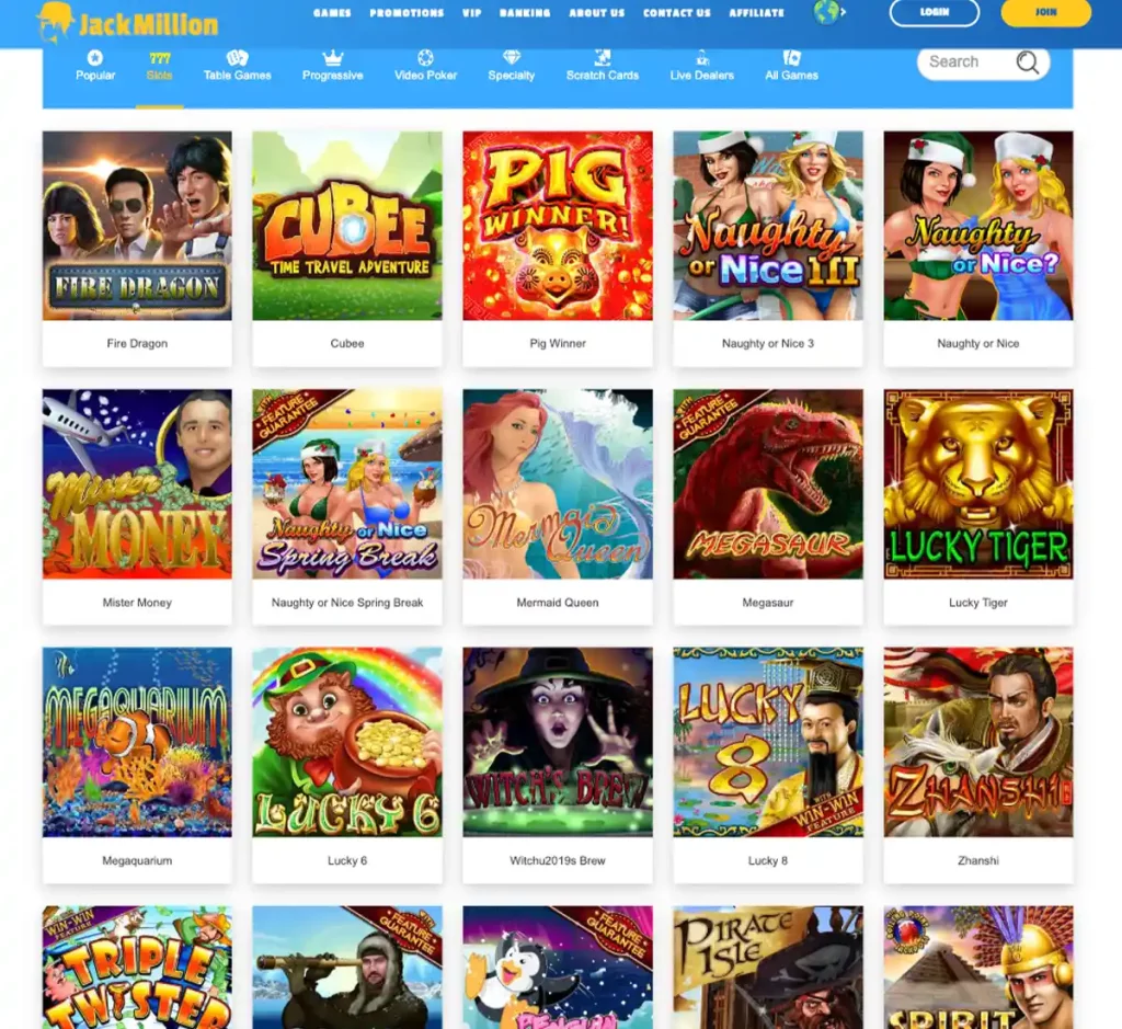 Jackmillion Casino desktop slots screenshot showing slot categories, featured titles and game providers in the casino lobby - tested