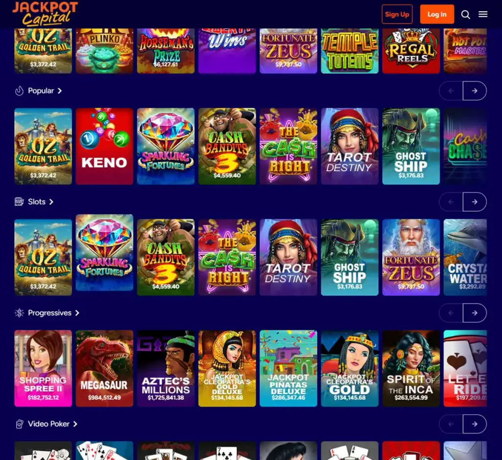 JackpotCapital Casino desktop homepage screenshot showing main navigation, featured games and promotional banners - tested