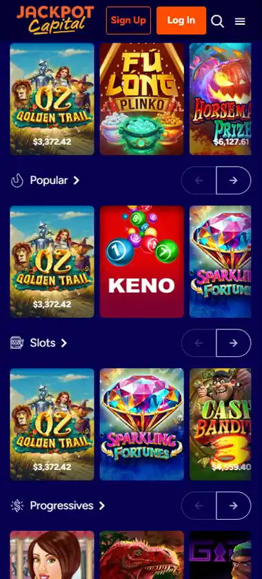 JackpotCapital Casino mobile homepage screenshot displaying main navigation, featured games and mobile-friendly interface/navigation - tested