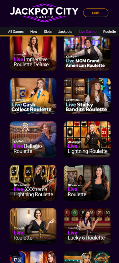 JackpotCity Casino mobile live dealer games collection screenshot displaying available live tables and categories - tested