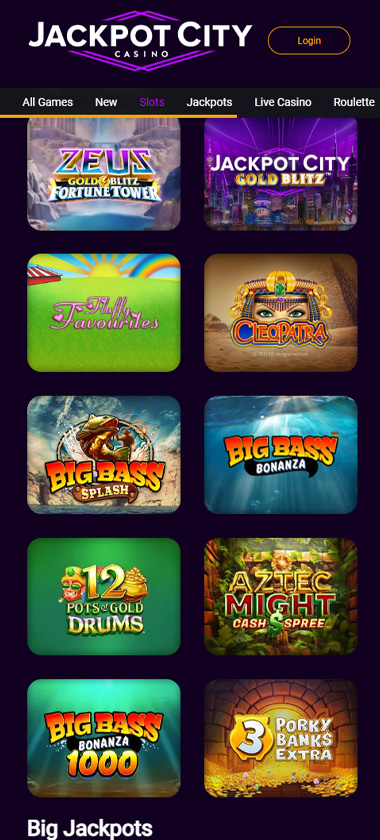 JackpotCity Casino mobile slots variety screenshot displaying featured slots, categories and touch-optimized navigation - tested
