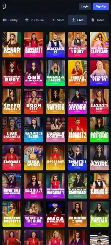 Jacks Club Casino mobile live dealer games collection screenshot displaying available live tables and categories with mobile-friendly interface/navigation - tested