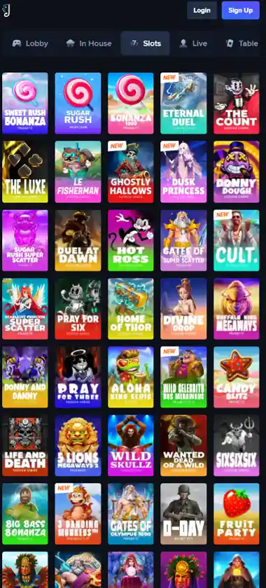 Jacks Club Casino mobile slot screenshot displaying featured slots, categories and touch-optimized navigation - tested