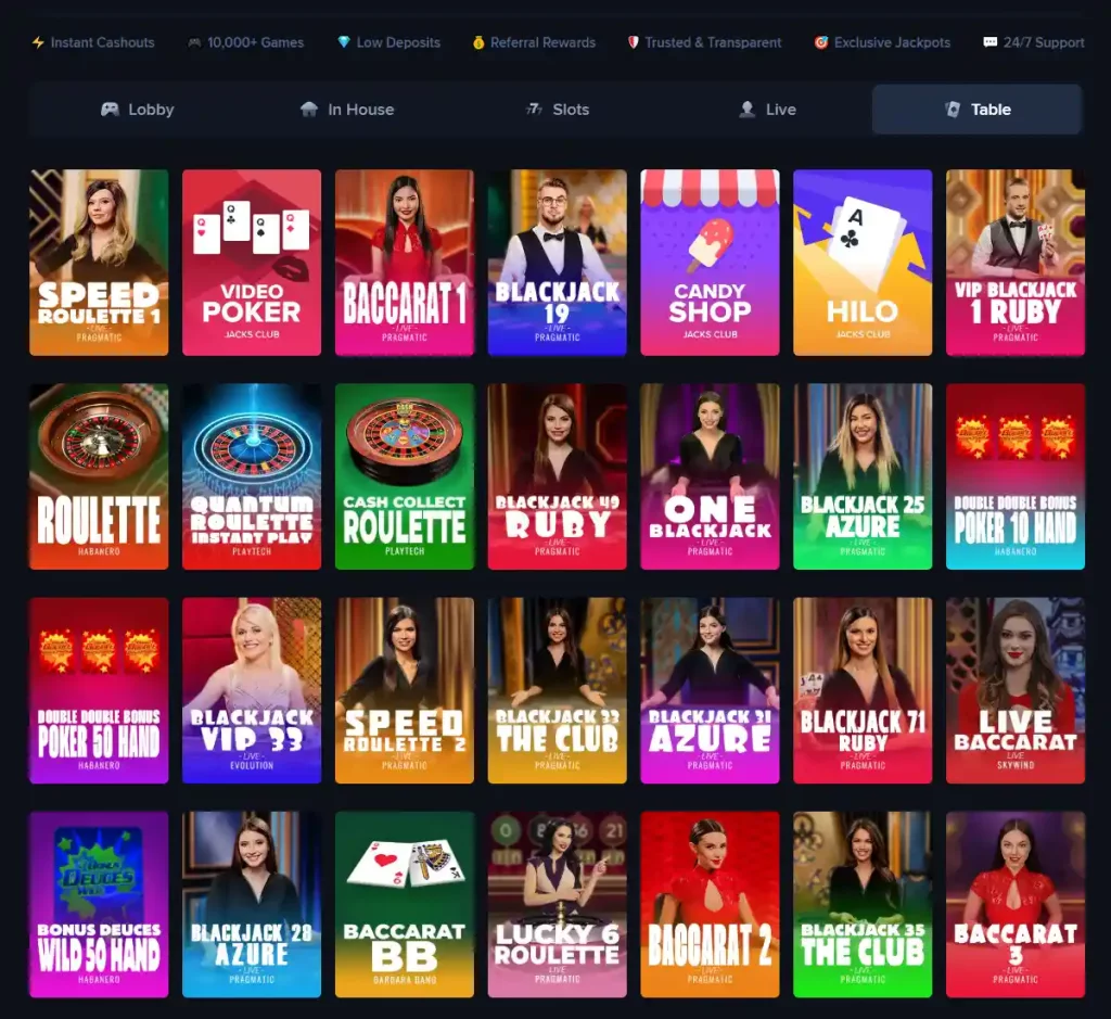 Jacks Club Casino desktop table games screenshot showing various table games, categories and provider filters - tested