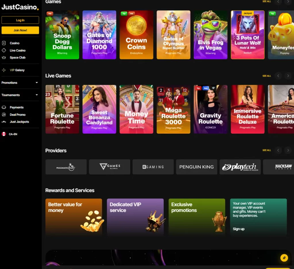 Just Casino desktop home page screenshot showing main navigation, featured games and promotional banners - tested