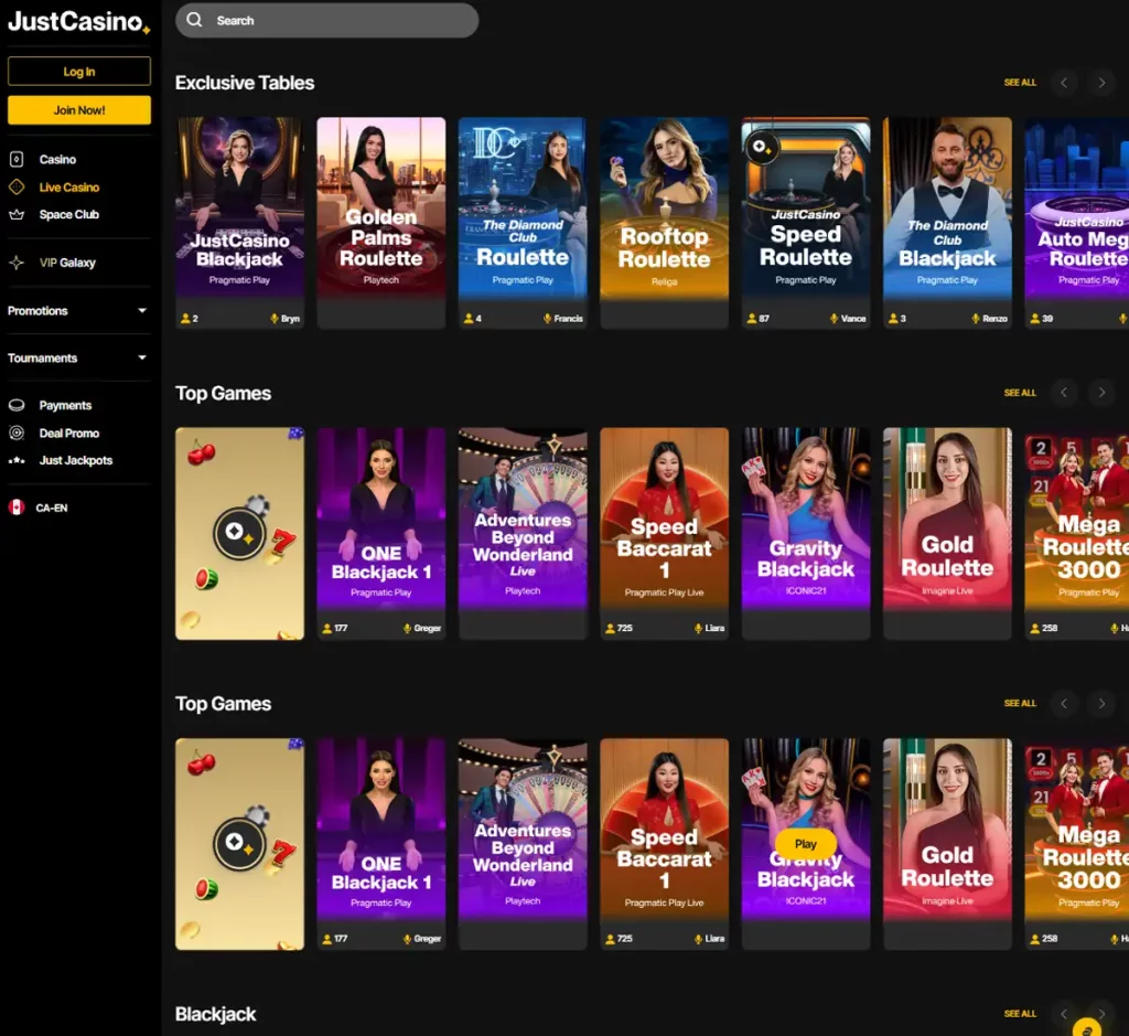 Just Casino desktop live dealer games collection screenshot showing roulette, blackjack and baccarat tables in lobby view - tested