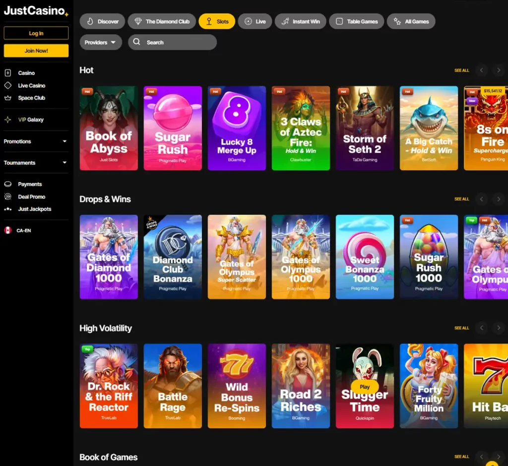 Just Casino desktop slots variety screenshot showing multiple slot categories, featured games and provider filters - tested