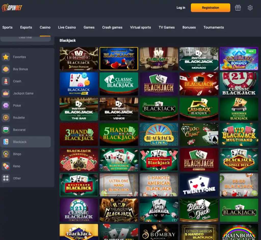 JvSpinBet Casino desktop blackjack games collection screenshot displaying available tables, betting limits and game variants - tested