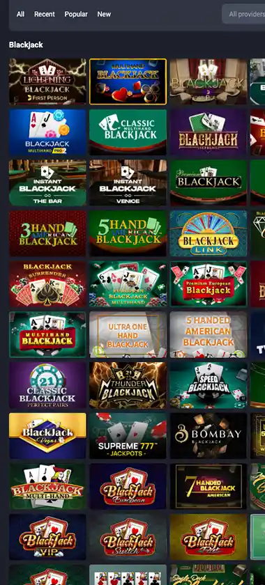 JvSpinBet Casino mobile blackjack games collection screenshot displaying available tables, betting limits and touch-optimized interface - tested