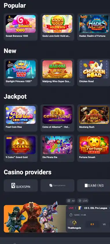 JvSpinBet Casino mobile homepage screenshot displaying main navigation, featured games and promotional banners - tested