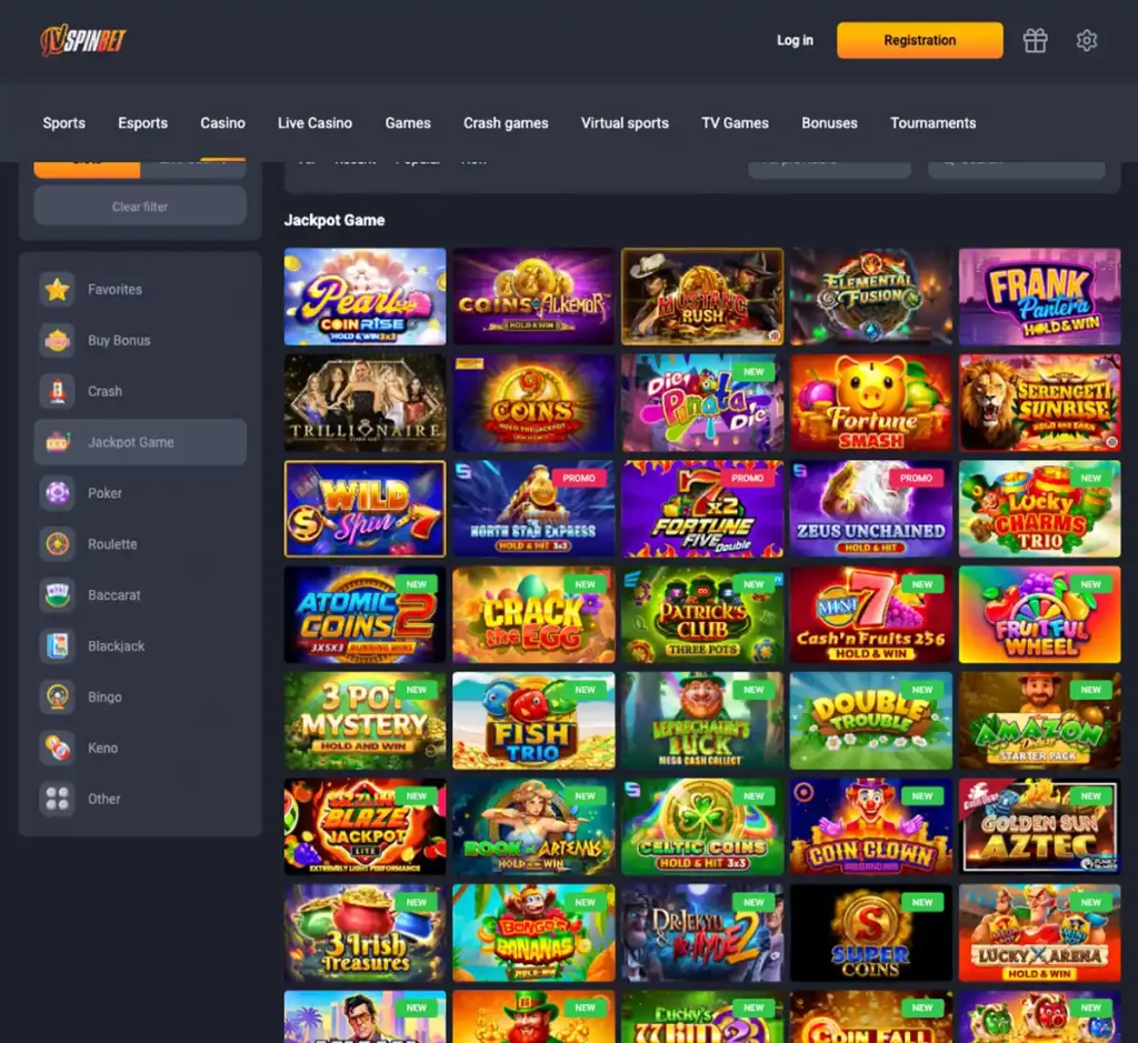 JvSpinBet Casino desktop jackpots collection screenshot displaying progressive jackpot titles, current prize pools and filtering options - tested