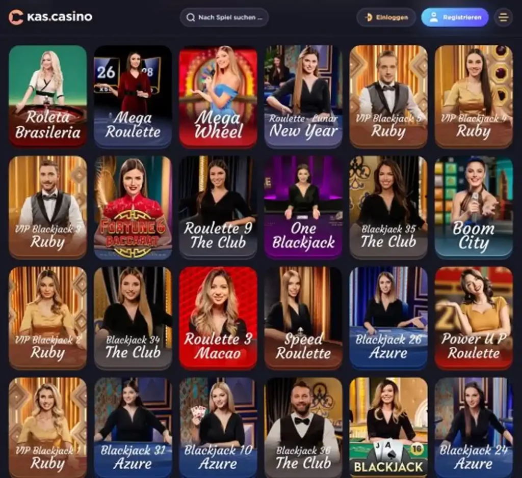 Kas Casino desktop live casino games collection screenshot displaying available live tables and categories - tested