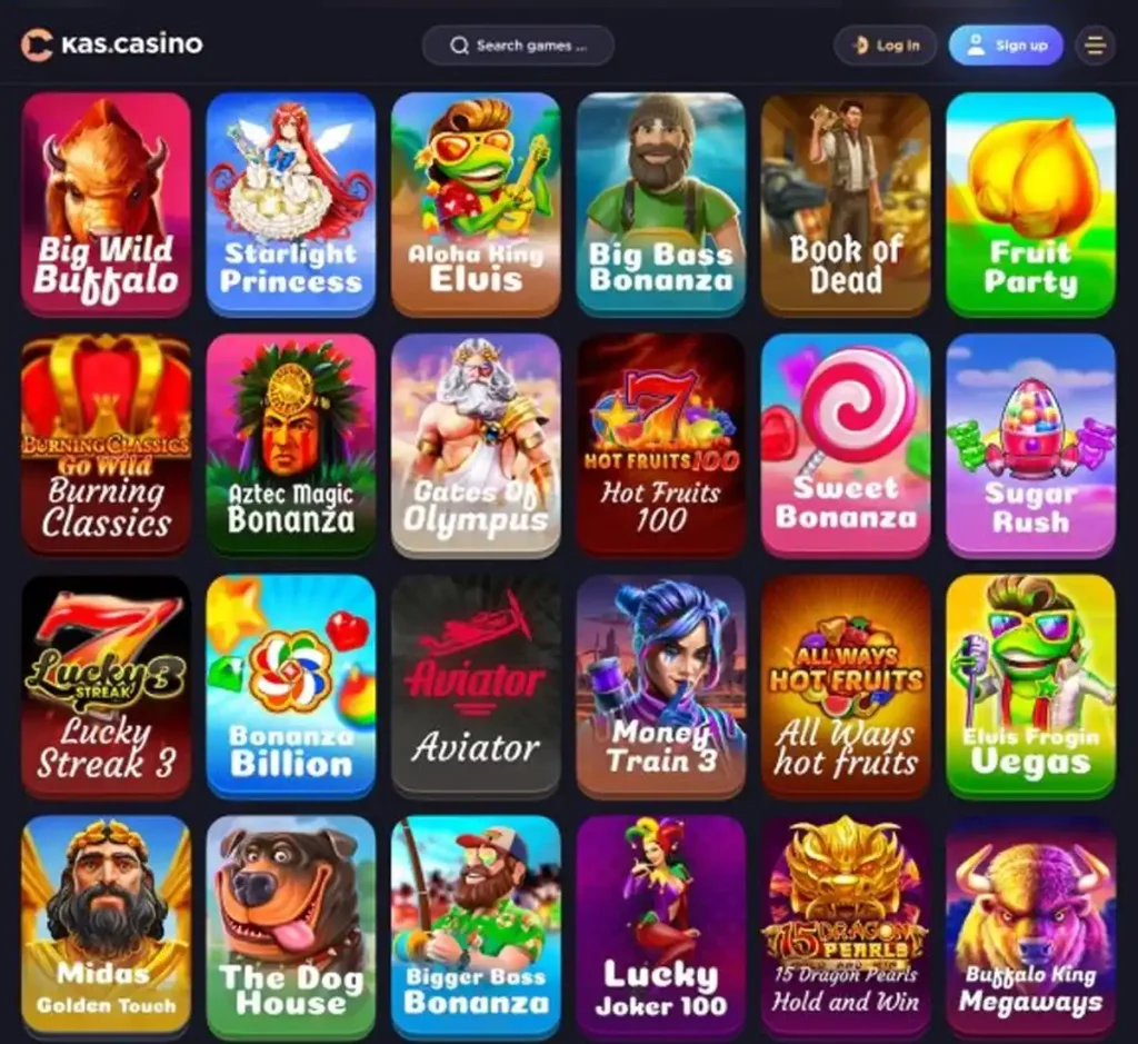 Kas Casino desktop slots variety screenshot displaying featured slots, game categories and filtering options - tested