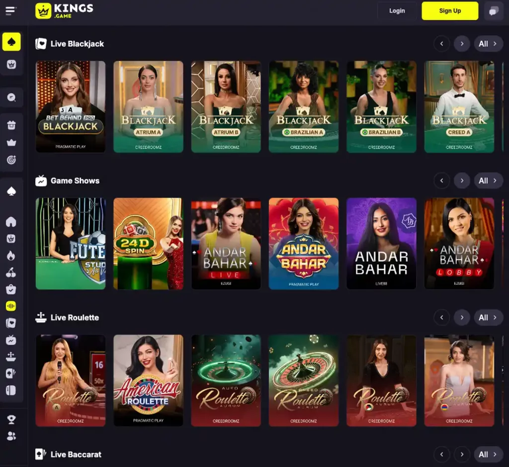 KingsGame Casino desktop live casino games collection screenshot displaying available live tables and categories – tested