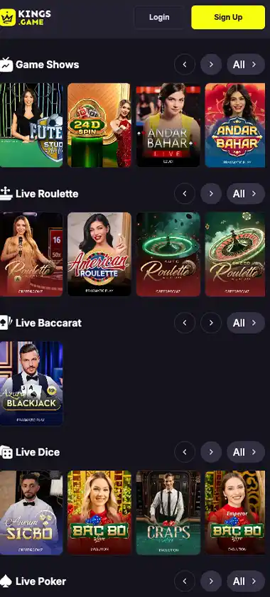 KingsGame Casino mobile live casino games collection screenshot displaying available live tables and categories – tested