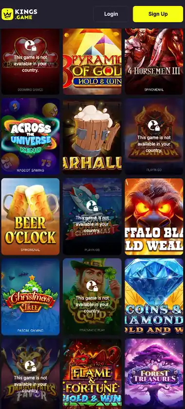 KingsGame Casino mobile slots variety screenshot displaying featured slots, categories and touch-optimized navigation – tested