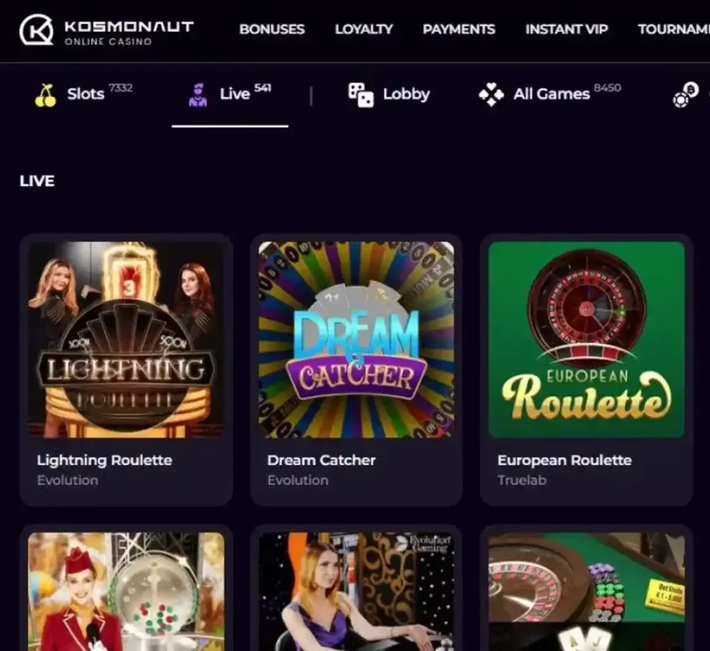 Kosmonaut Casino desktop live dealer games collection screenshot showing roulette, blackjack and baccarat tables in lobby view with categories and provider filters - tested