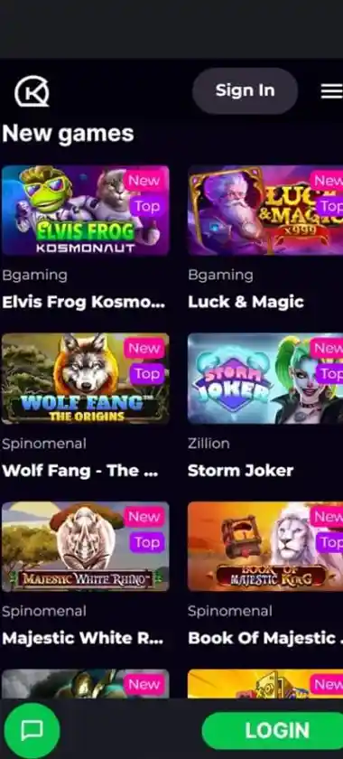 Kosmonaut Casino mobile new games screenshot displaying featured new releases, categories and touch-optimized navigation - tested