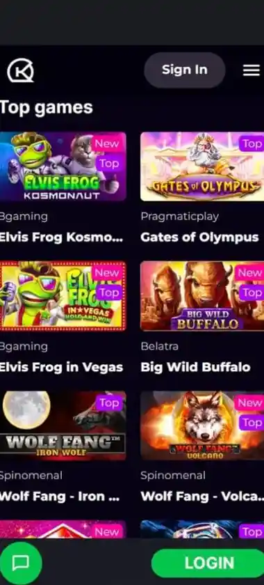Kosmonaut Casino mobile top games screenshot displaying top games, hot and featured titles and touch-optimized navigation - tested
