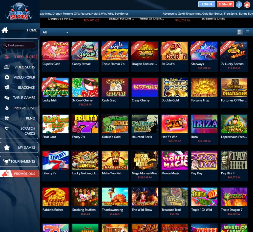 Liberty Slots Casino desktop slots variety screenshot showing multiple slot categories, featured games and provider filters - tested
