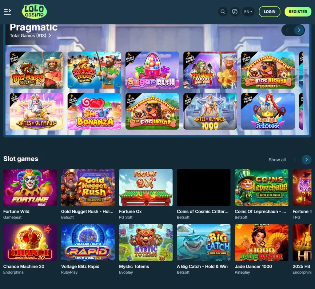 LoloCasino desktop home page screenshot showing main navigation, featured games and promotional banners - tested