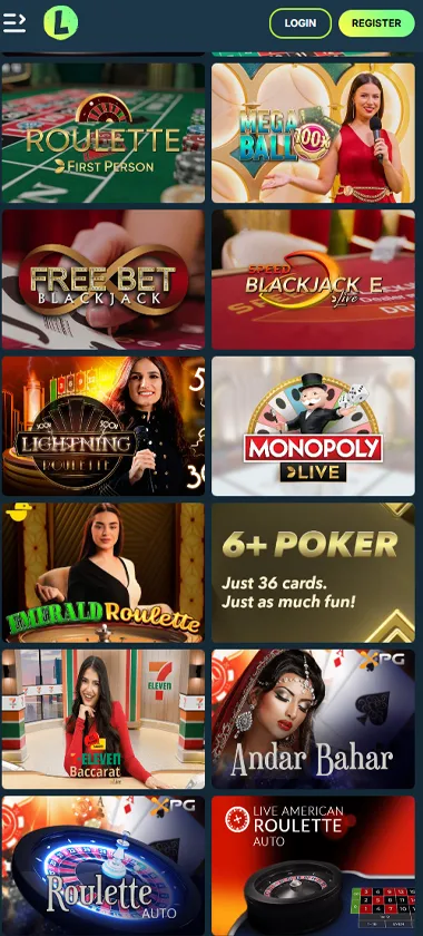 LoloCasino mobile live dealer games collection screenshot displaying available live tables and categories - tested