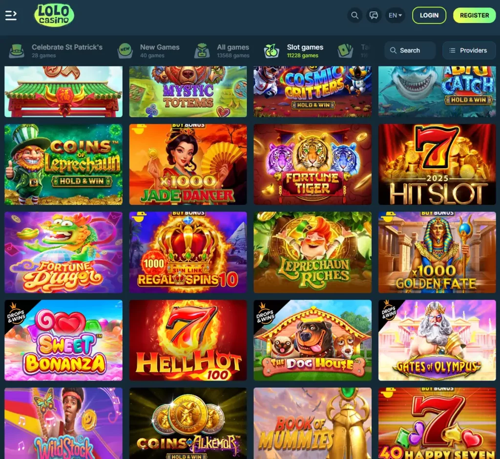 LoloCasino desktop slots variety screenshot showing multiple slot categories, featured games and provider filters - tested
