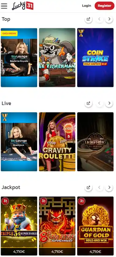 Lucky 31 Casino mobile homepage screenshot displaying main navigation, featured games and mobile-friendly interface/navigation - tested