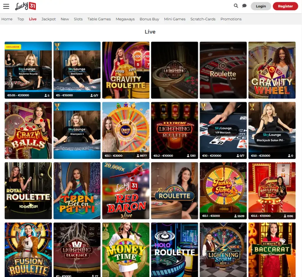 Lucky 31 Casino desktop live dealer games collection screenshot showing roulette, blackjack and baccarat tables in lobby view with categories and provider filters - tested