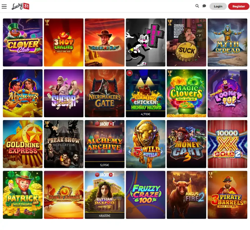 Lucky 31 Casino desktop slot screenshot showing multiple slot categories, featured games and provider filters - tested
