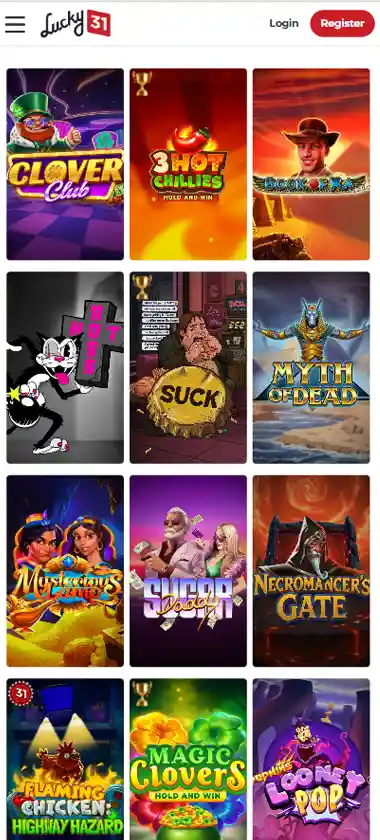 Lucky 31 Casino mobile slot screenshot displaying featured slots, categories and touch-optimized navigation - tested