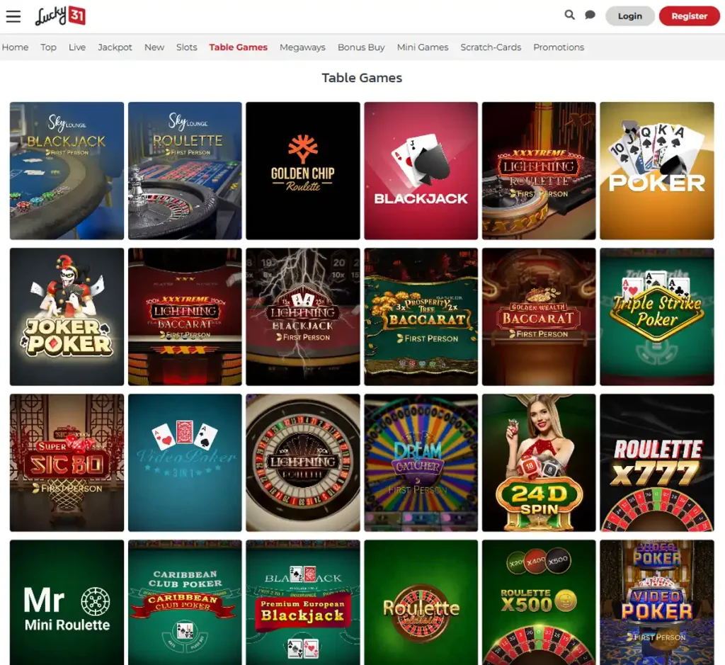 Lucky 31 Casino desktop table games screenshot showing various table games, categories and provider filters - tested